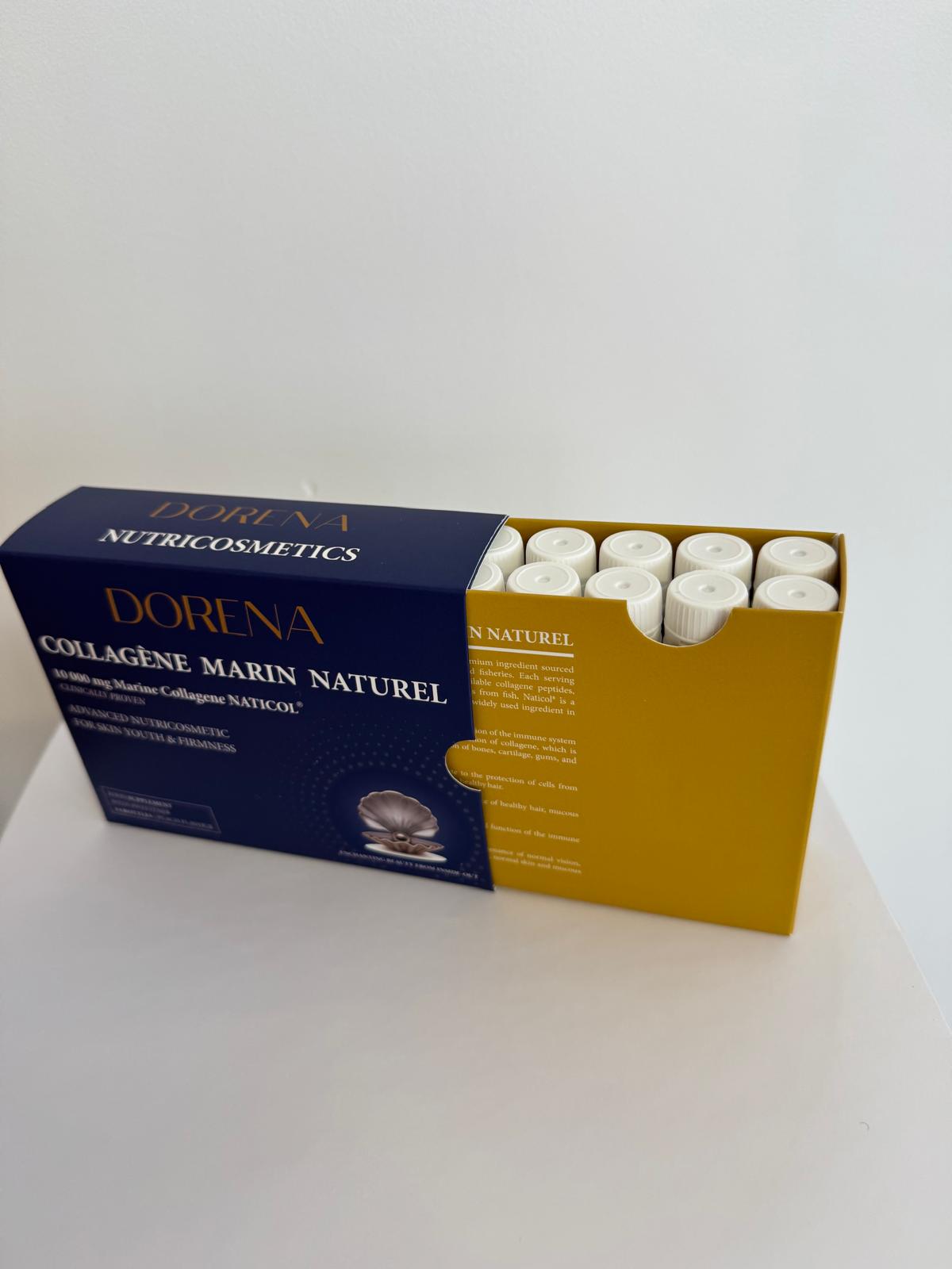 Open DORENA box showing the 14 marine collagen shots inside