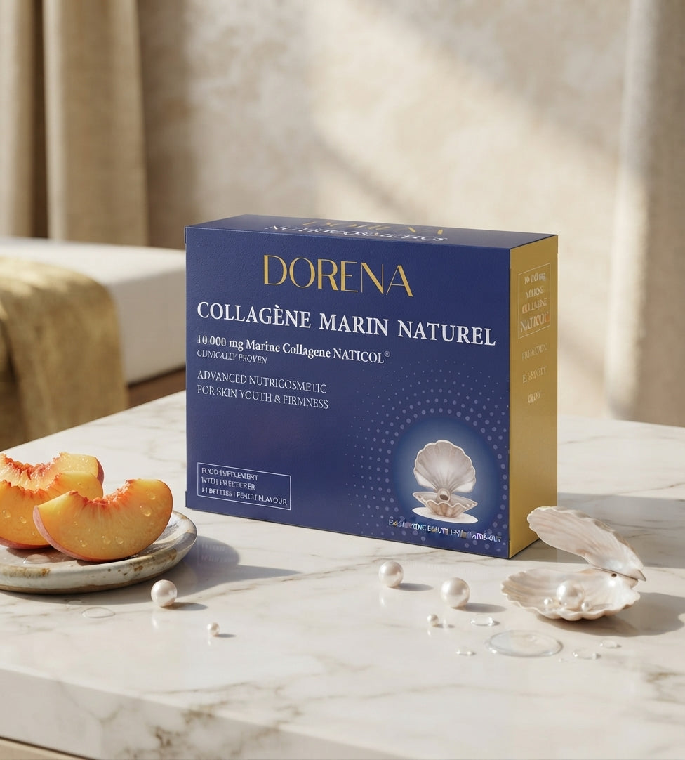 DORENA marine collagen with peach and pearls on marble